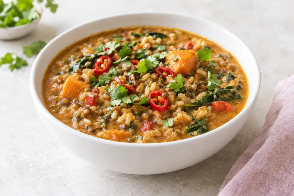 African Inspired Vegetarian Crockpot Soup with Peanut Butter, Chiles, Brown Rice, and Lentils