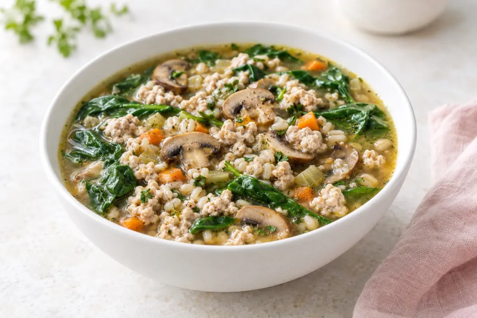 Ground Turkey and Barley Soup with Mushrooms and Spinach
