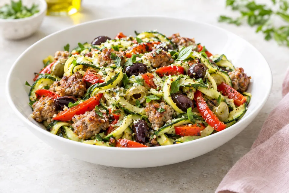No-Pasta Low-Carb Salad with Zucchini, Italian Sausage, Red Pepper, and Olives