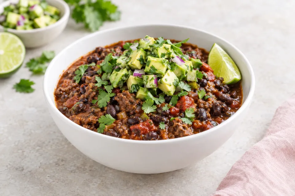 Black Bean and Beef Chili with Cilantro, Lime, and Avocado Salsa