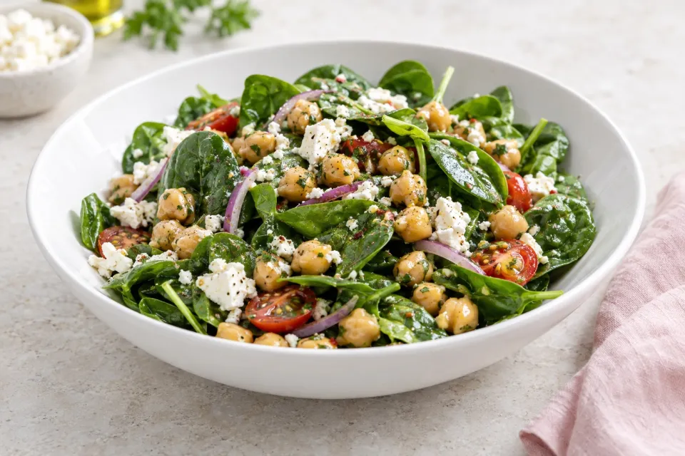 Spinach Salad with Marinated Garbanzo Beans and Feta Cheese