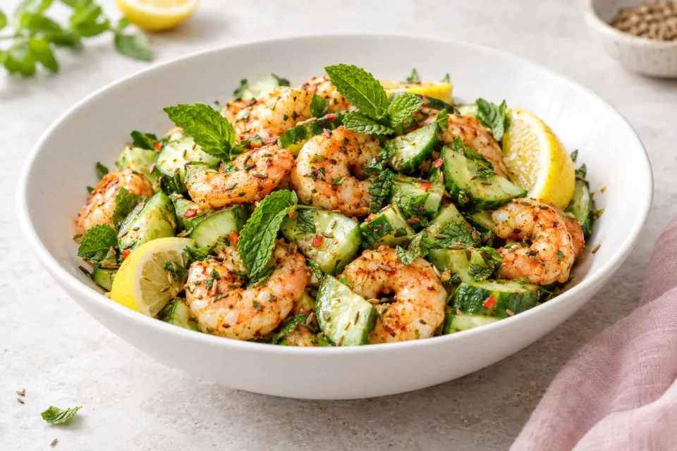Spicy Shrimp and Cucumber Salad with Mint, Lemon, and Cumin