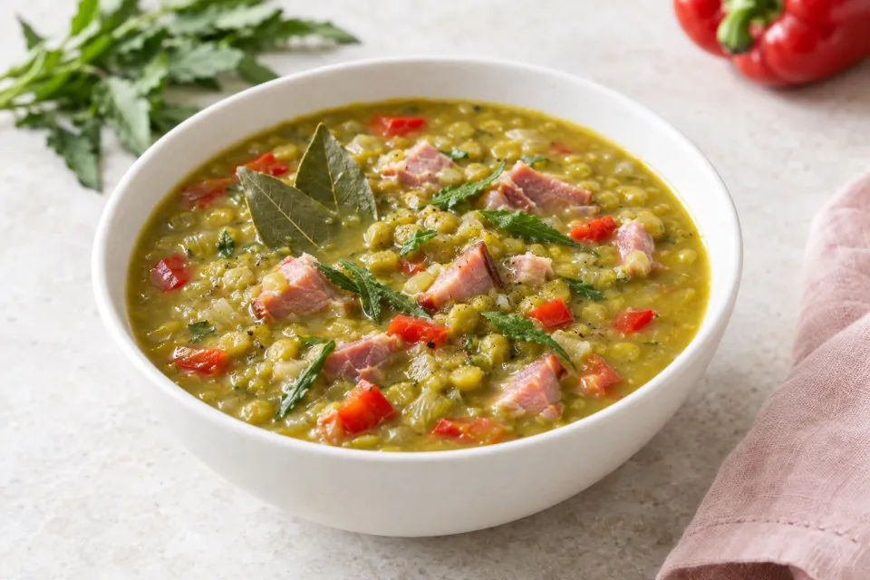 Split Pea Soup with Ham, Bay Leaves, Epazote and Red Bell Pepper