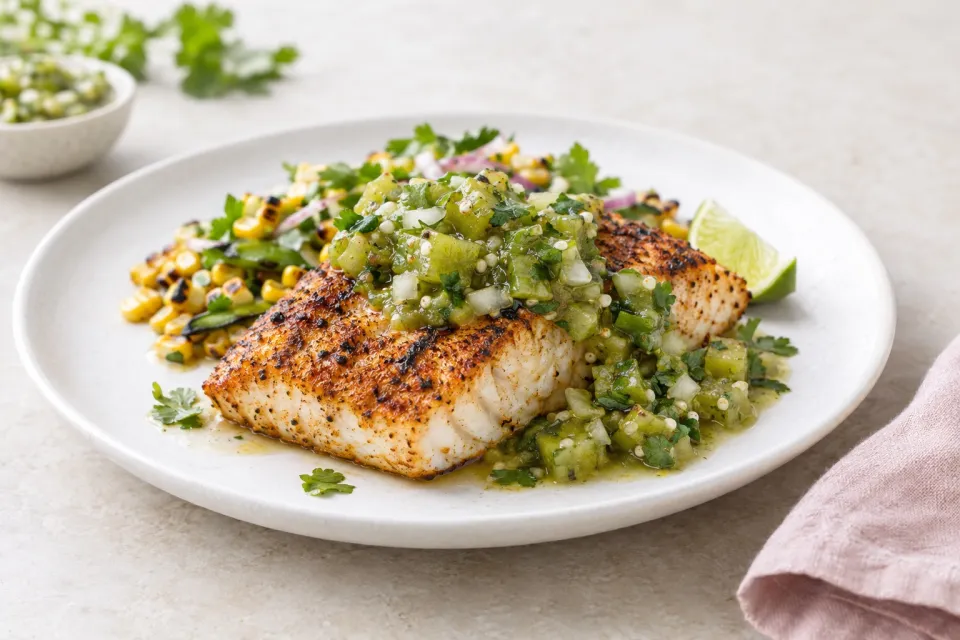 Grilled Halibut with Southwestern Rub and Tomatillo Salsa