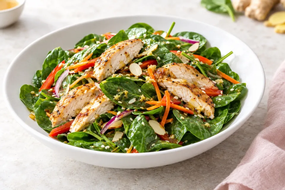 Spinach Salad with Chicken and Warm Ginger Vinaigrette