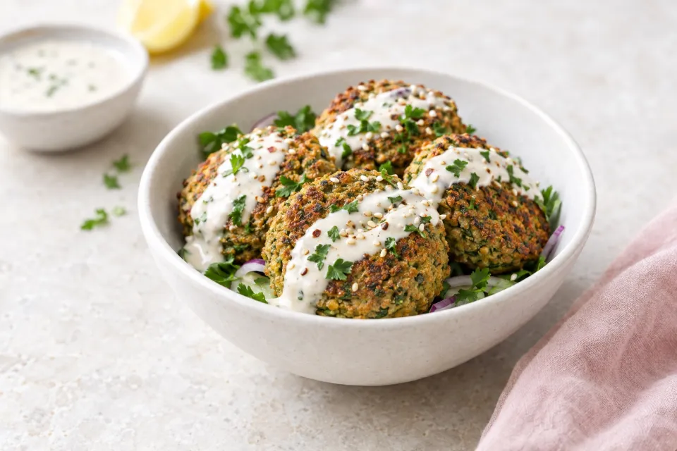 Baked Falafel Patties with Yogurt-Tahini Sauce