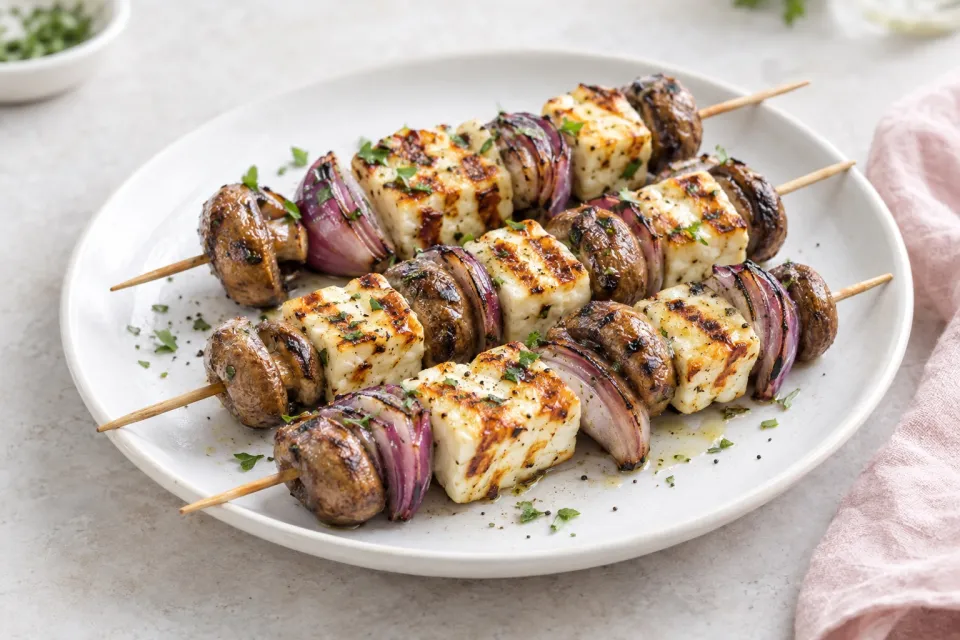 Grilled Halloumi Cheese Skewers with Mushrooms and Sweet Onions