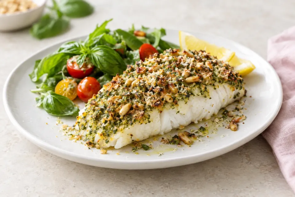 Baked White Fish with Pine Nut, Parmesan, and Basil Pesto Crust