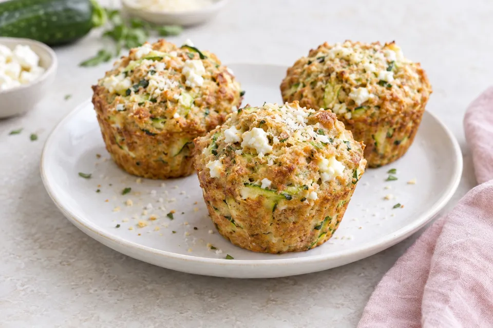Savory Whole Wheat Zucchini Muffins with Feta, and Parmesan