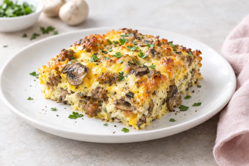 Low-Carb Breakfast Casserole with Italian Sausage, Mushrooms, and Cheese