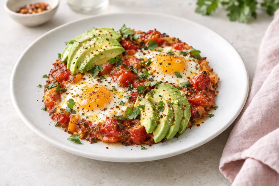 Baked Eggs Skillet with Avocado and Spicy Tomatoes