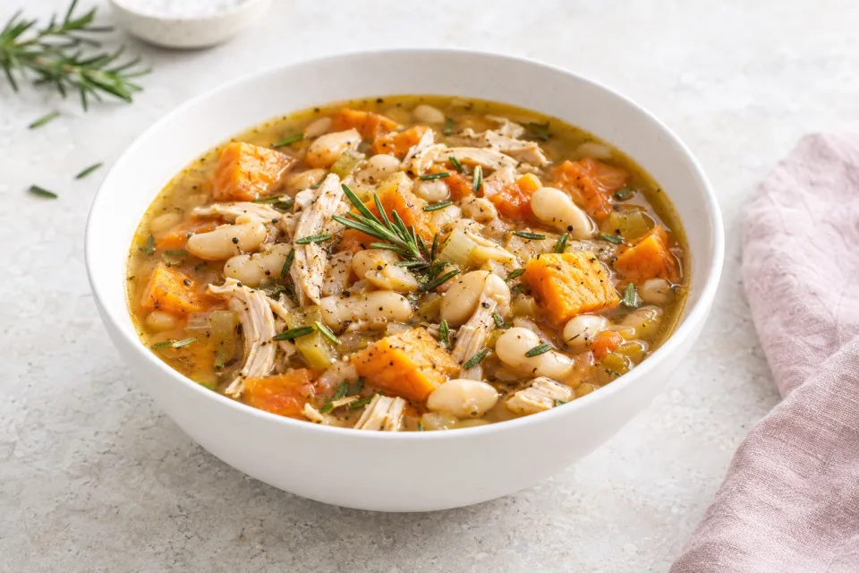Turkey and Cannellini Bean Soup with Sweet Potatoes and Rosemary