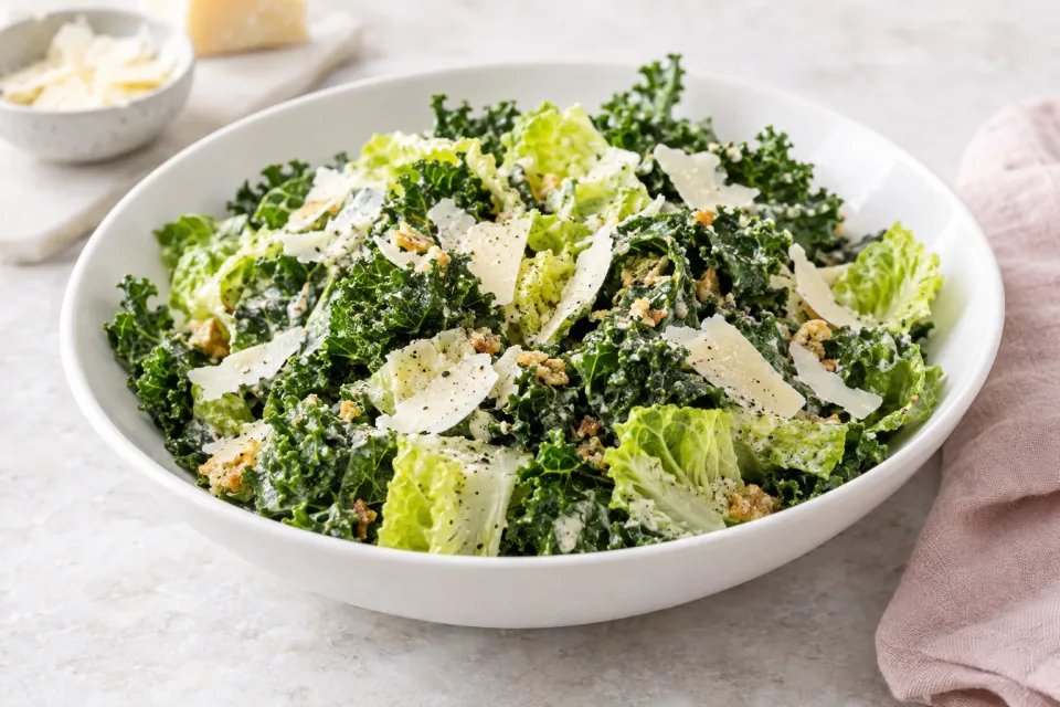 Low-Carb Caesar Salad with Kale, Romaine, and Shaved Parmesan