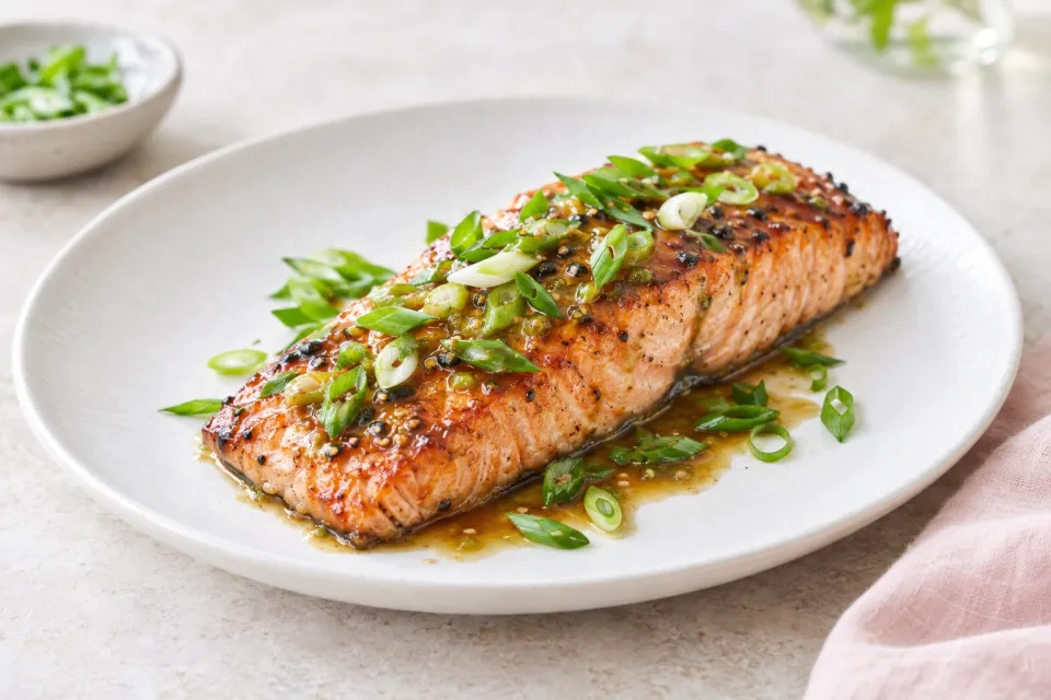 Roasted Wild Salmon with Soy-Wasabi-Agave Glaze and Green Onions