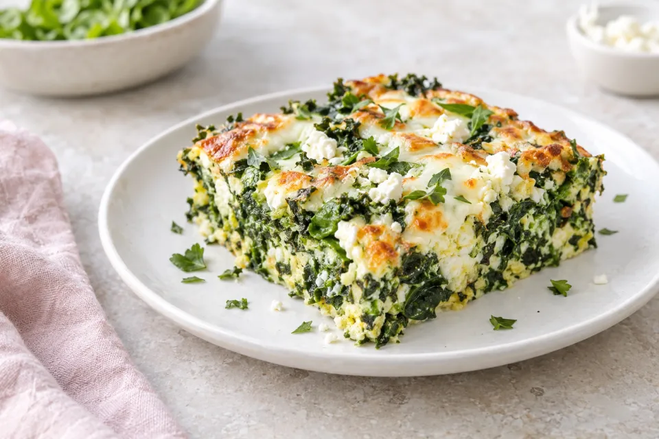 Low-Carb Power Greens Breakfast Casserole with Feta and Mozzarella