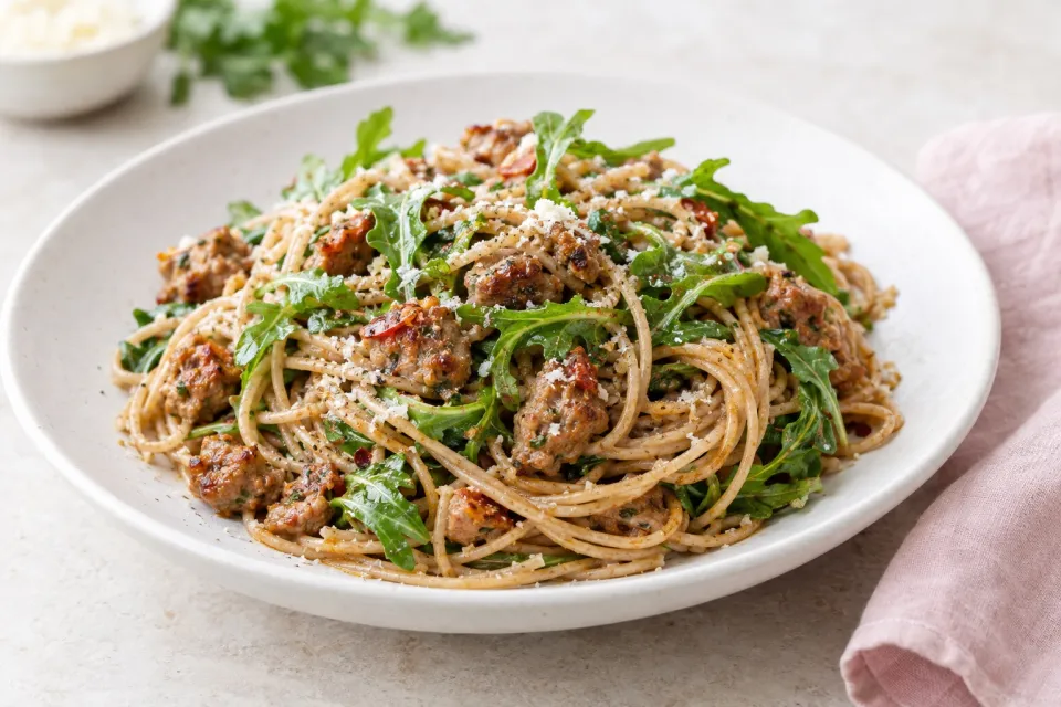 Whole Wheat Spaghetti with Italian Sausage and Arugula