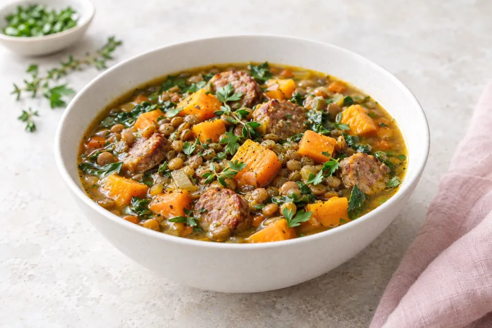 Lentil and Sausage Soup with Sweet Potatoes and Herbs