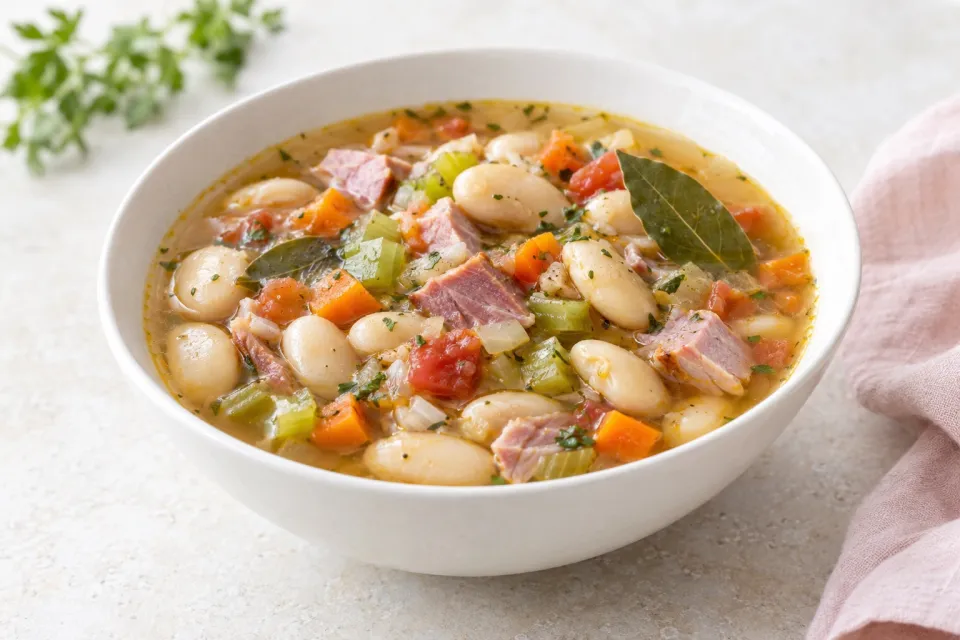 Pressure Cooker Vegetable Soup with Giant White Beans, Ham, and Bay Leaves