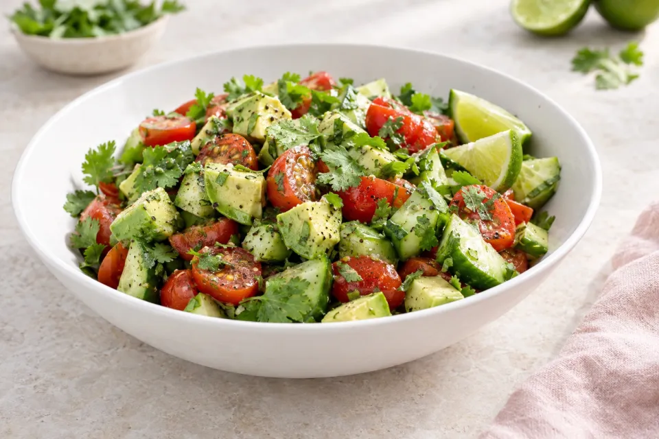 Vegan Tomato Salad with Cucumber, Avocado, Cilantro, and Lime