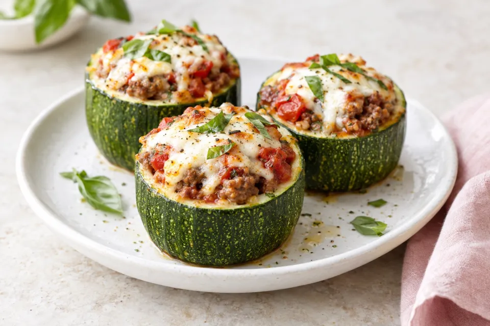 Meat, Tomato, and Mozzarella Stuffed Zucchini Cups