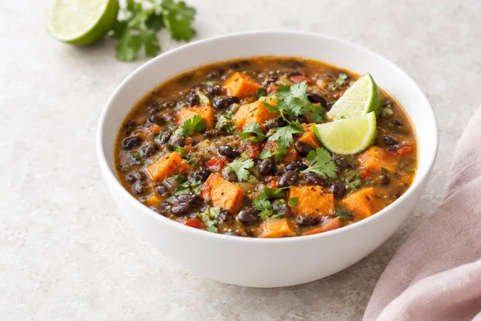 Vegetarian Black Bean and Sweet Potato Soup with Lime