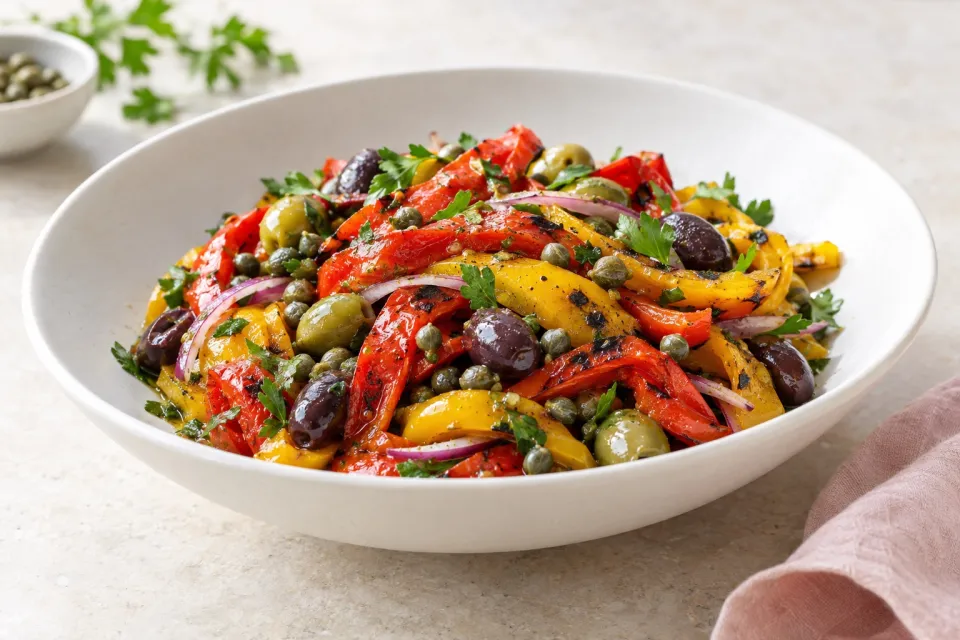 Tapas Salad with Grilled Bell Peppers, Olives, and Capers