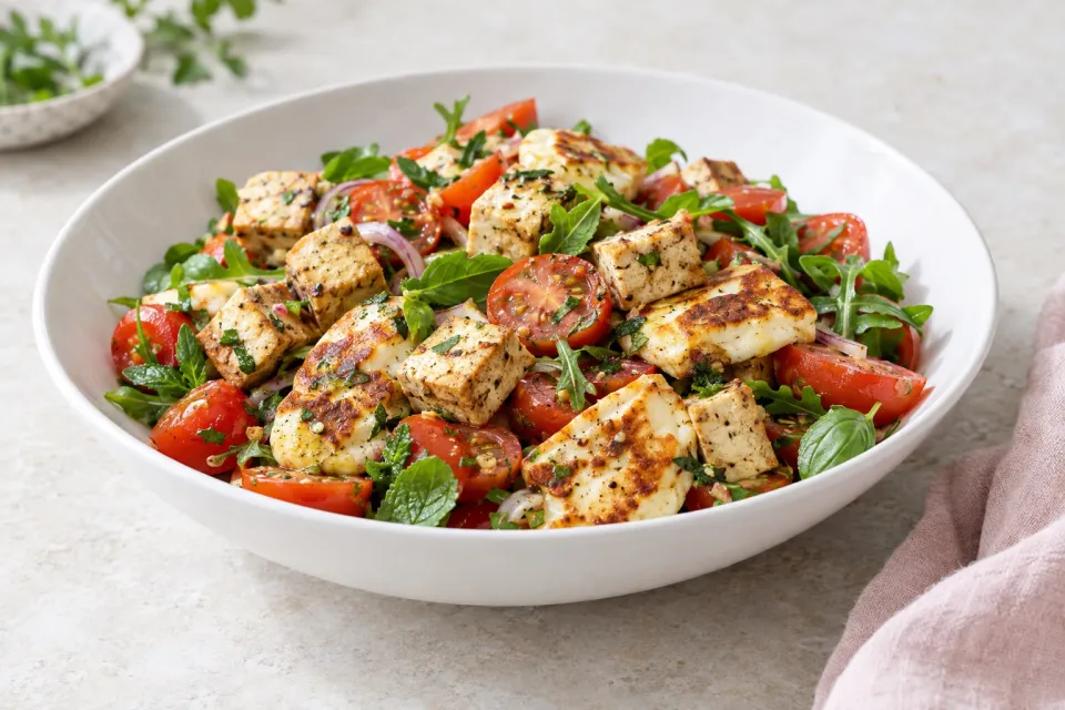 Leftover Tofu, Halloumi, and Tomato Salad
