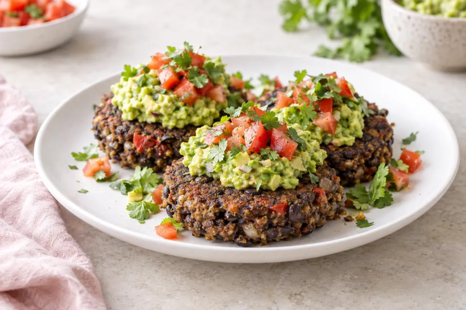 Spicy Black Bean Patties with Cilantro, Guacamole, and Tomatoes