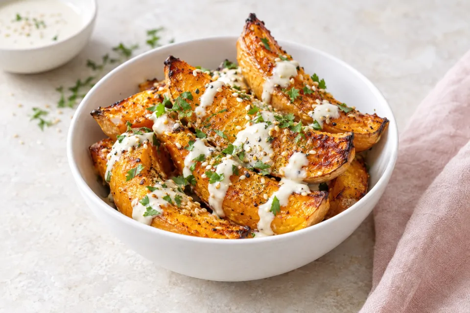 Roasted Butternut Squash Wedges with Tahini-Yogurt Sauce