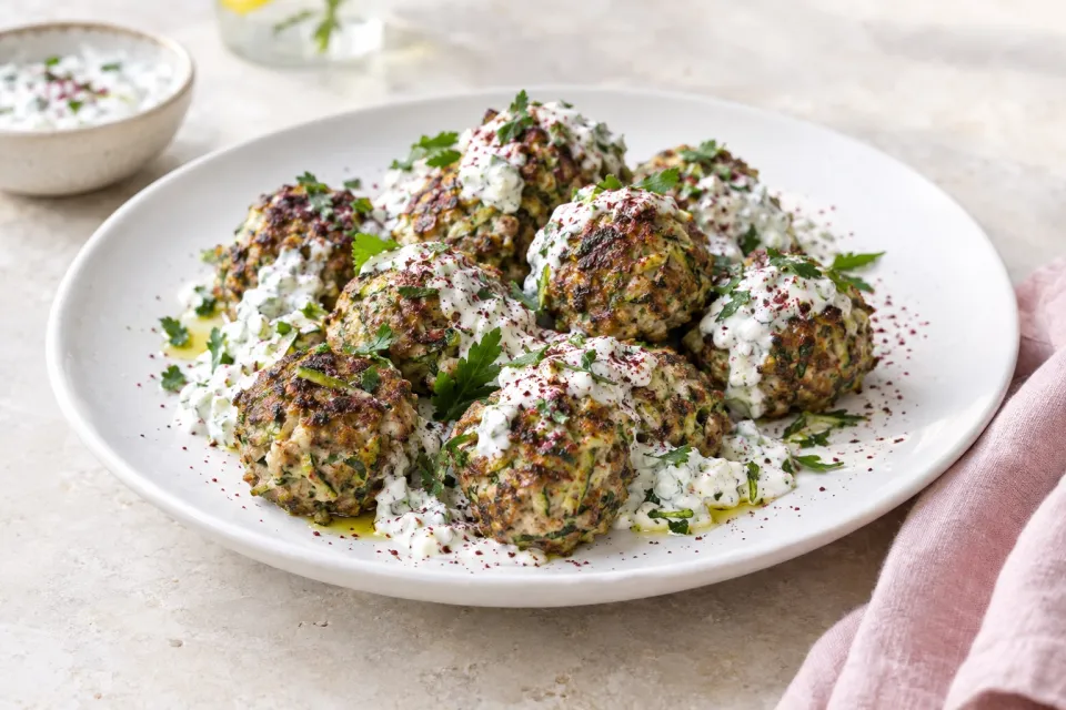 Ottolenghi's Turkey-Zucchini Meatballs with Tzatziki Sauce and Sumac