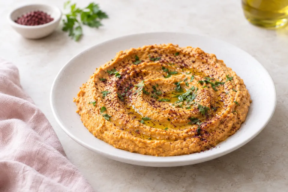 Sweet Potato Hummus with Olive Oil and Sumac