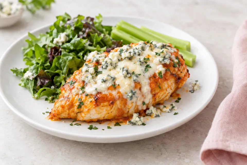 Low-Carb Baked Buffalo Chicken with Melted Blue Cheese