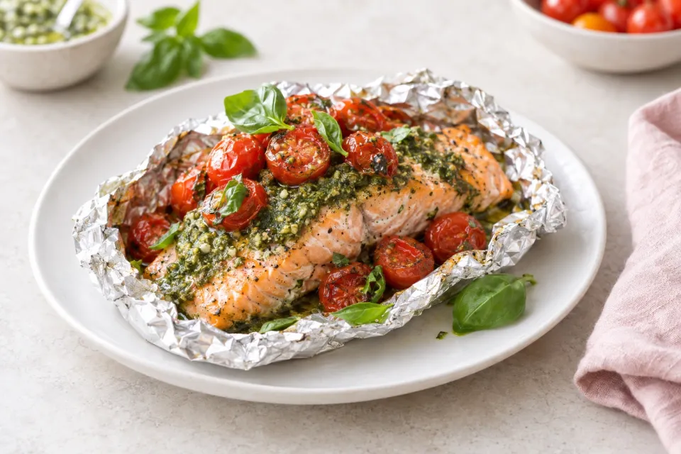 Foil-Baked Salmon with Basil Pesto and Tomatoes