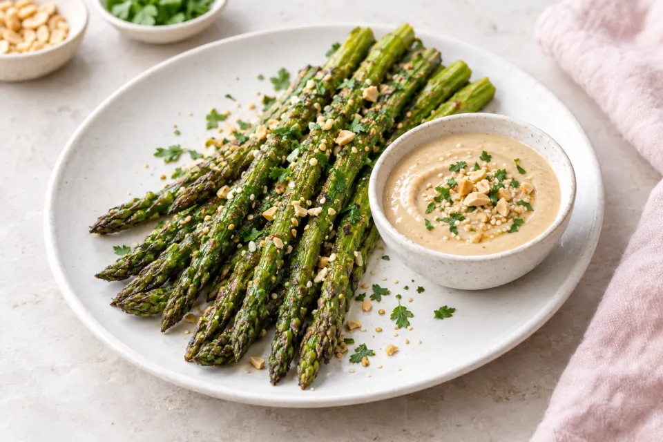 Roasted Asparagus with Creamy Tahini-Peanut Dipping Sauce