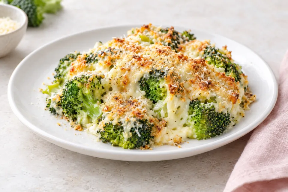 Low-Carb Broccoli Gratin with Swiss and Parmesan