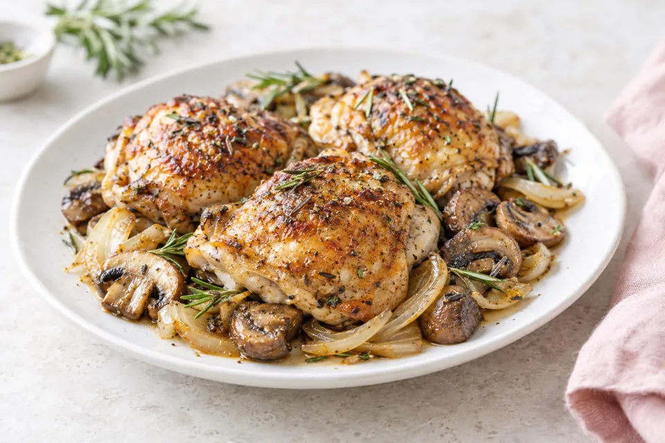 Low-Carb Roasted Chicken Thighs with Mushrooms, Onions, and Rosemary