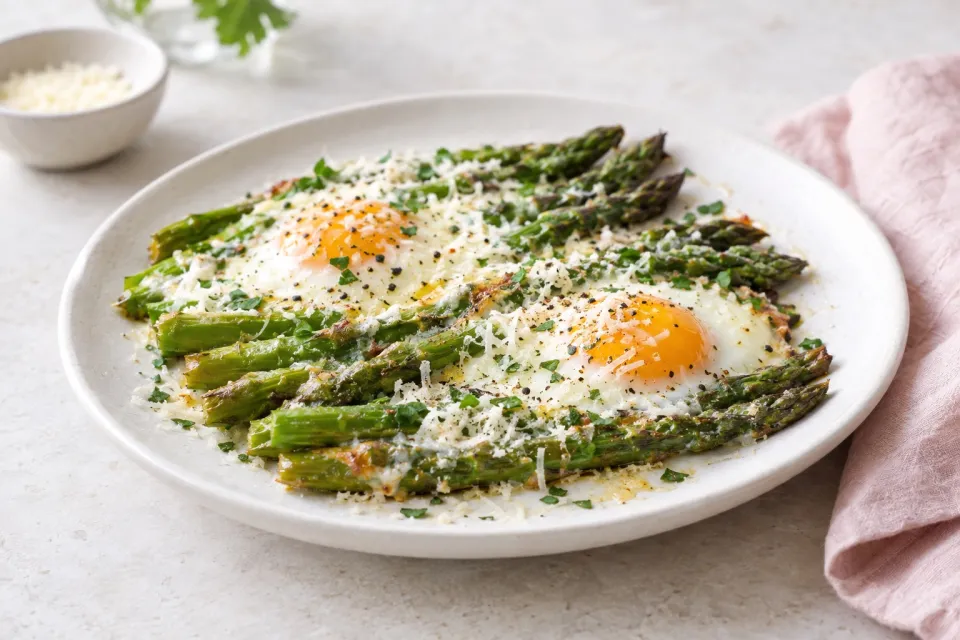 Baked Eggs and Asparagus with Parmesan