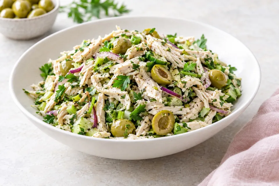 Low-Carb Shredded Chicken Salad with Green Olives