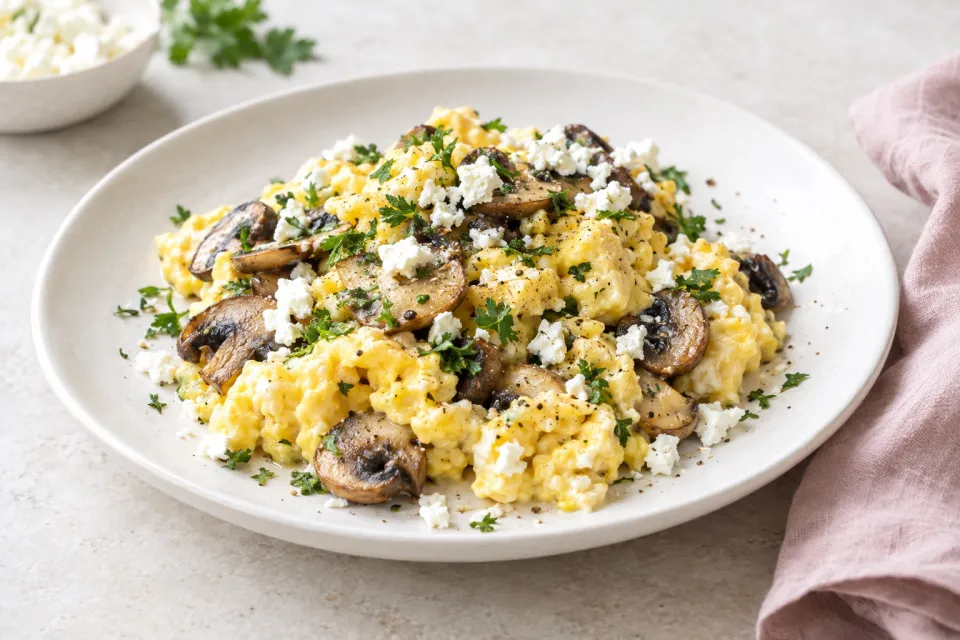 Scrambled Eggs with Mushrooms and Feta
