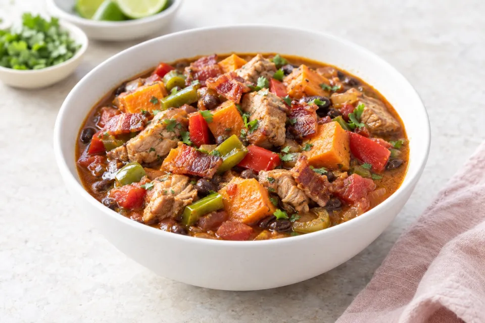 Instant Pot Southwestern Stew with Pork, Bacon, Peppers, and Sweet Potatoes