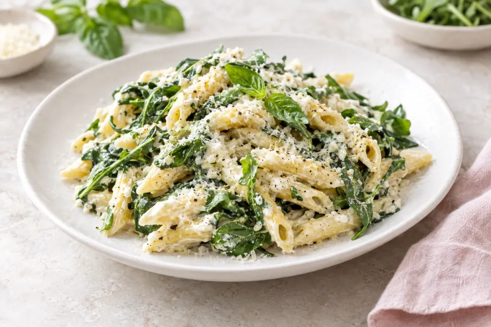 Penne Pasta with Wilted Arugula, Basil, Ricotta, and Parmesan Sauce