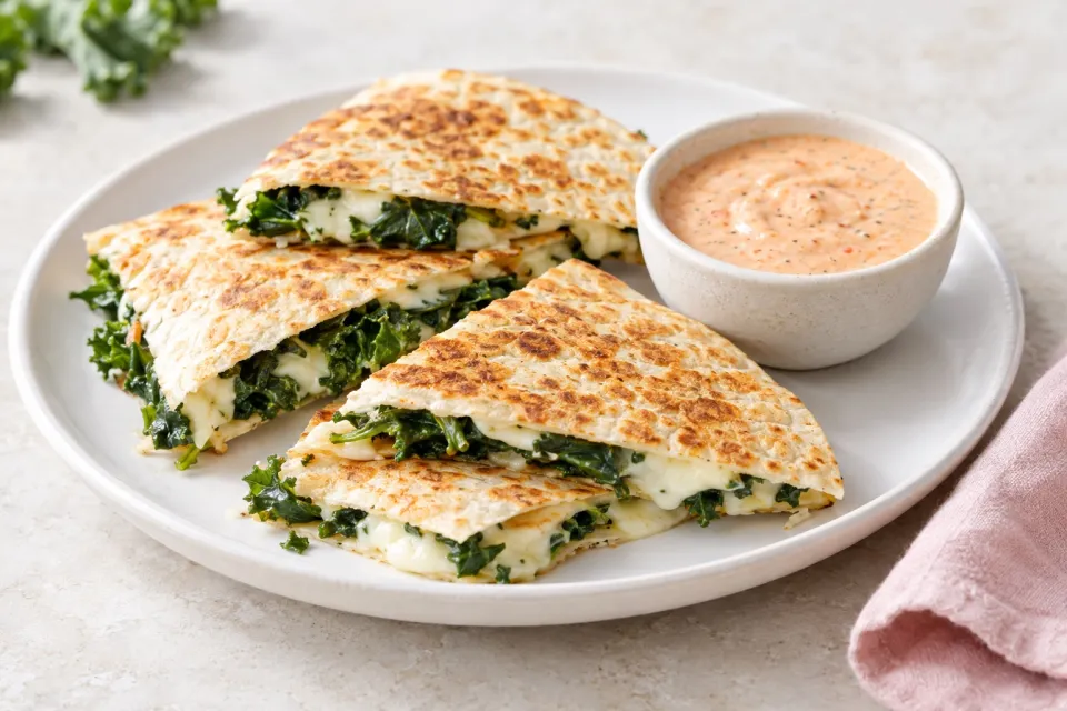 Baby Kale and Mozzarella Quesadillas with Sriracha-Ranch Dipping Sauce