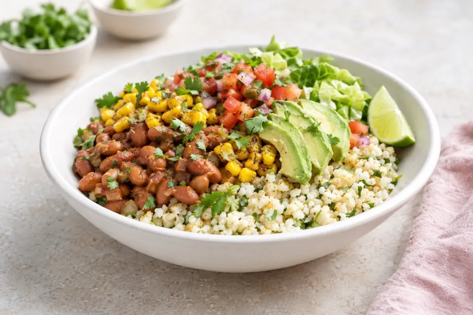 Cauliflower Rice and Pinto Bean Vegan Burrito Bowl