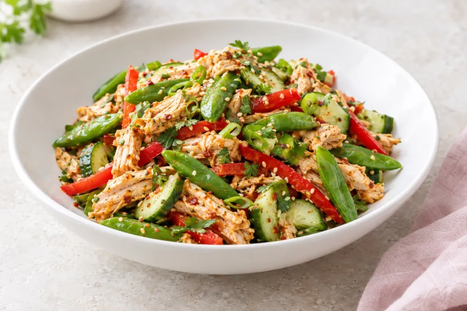 Spicy Chicken Salad with Sugar Snap Peas, Cucumber, and Red Bell Pepper