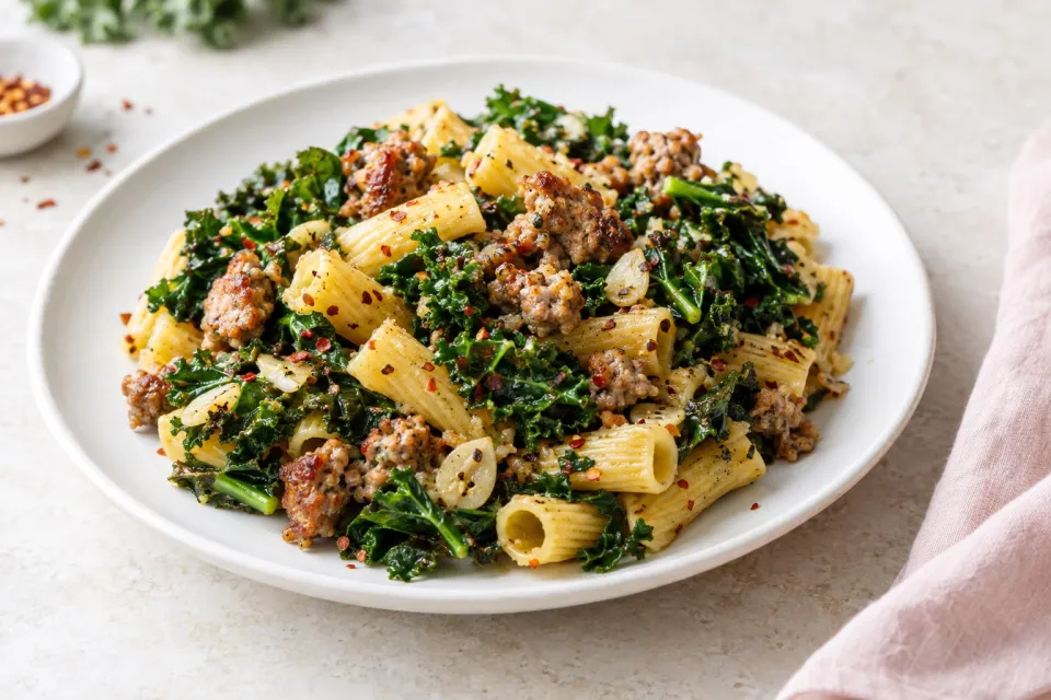 Pasta with Hot Italian Sausage, Kale, Garlic, and Red Pepper Flakes