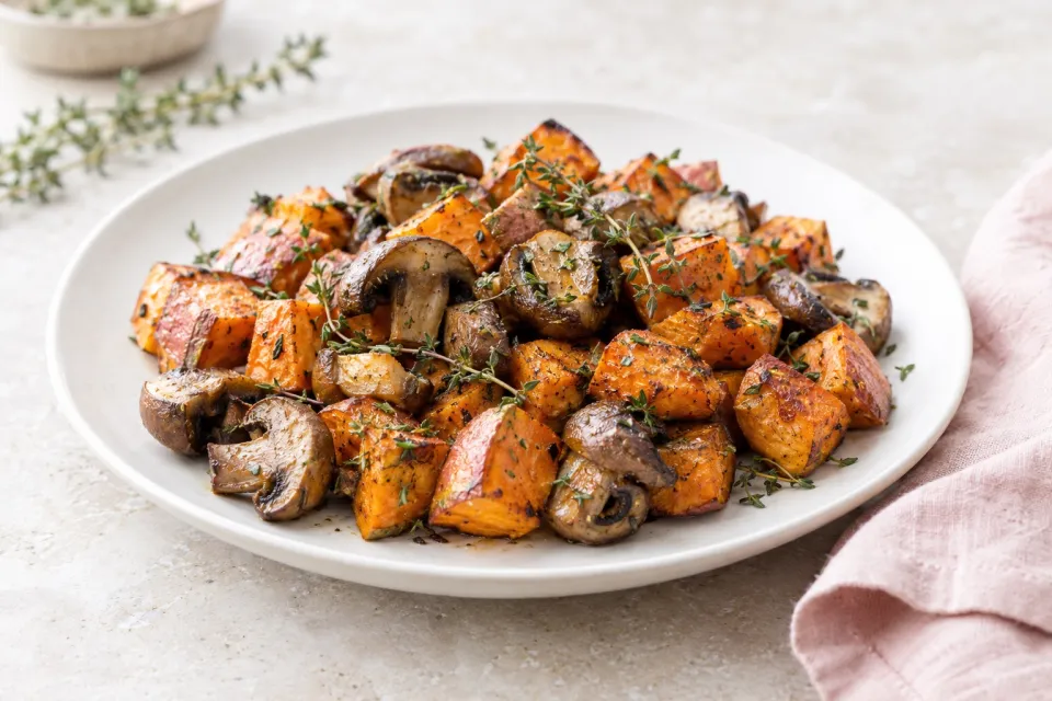 Roasted Sweet Potatoes and Mushrooms with Thyme