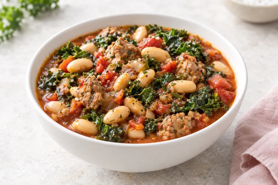 Slow Cooker Cannellini Bean Stew with Tomatoes, Italian Sausage, and Kale