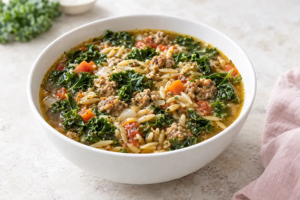 Italian Sausage and Kale Soup with Whole Wheat Orzo