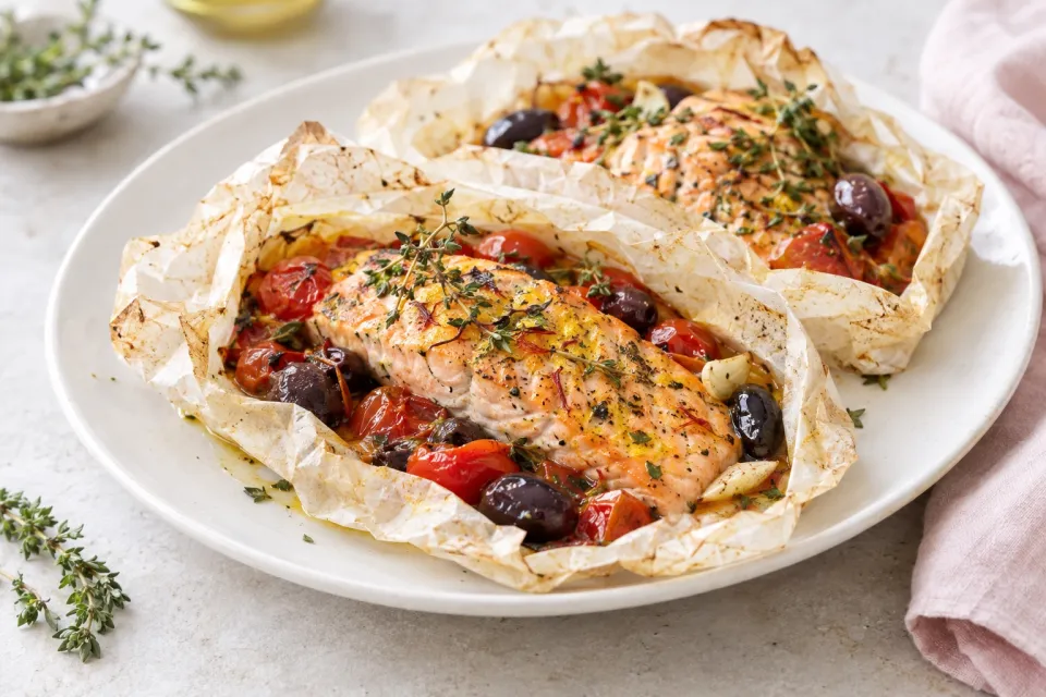 Grilled Salmon Packets with Tomatoes, Olives, Garlic, Thyme, and Saffron
