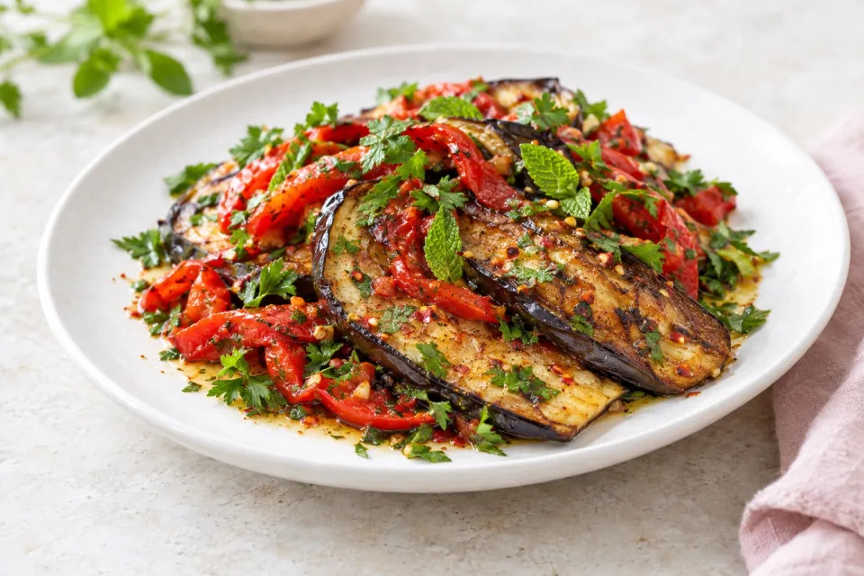Spicy Grilled Eggplant with Red Pepper, Parsley, and Mint